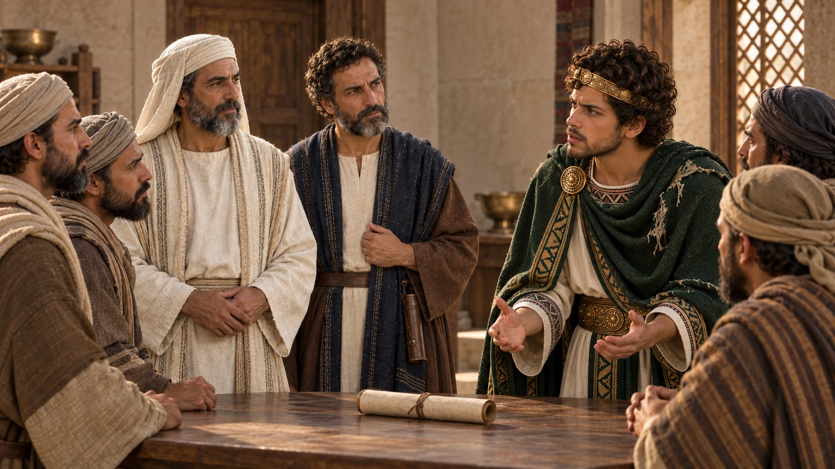 Adult Josiah speaks earnestly to the five delegates beside the found scroll, with humble sorrow rather than visible divine imagery.