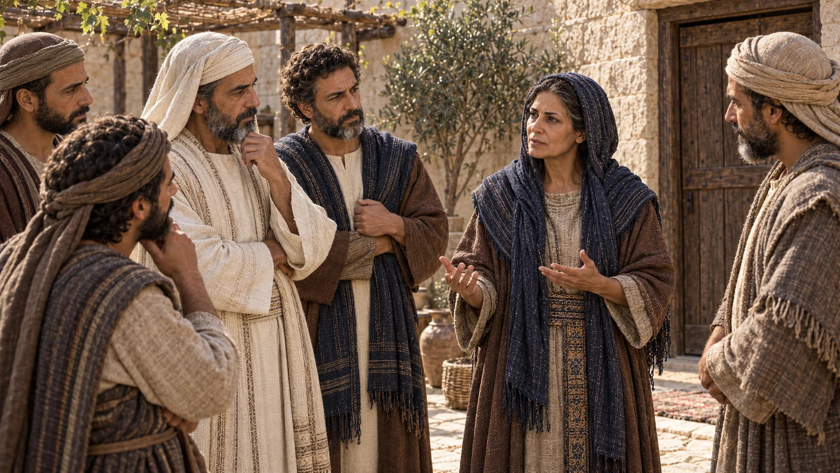 Huldah receives exactly five distinct visitors at her modest sandstone courtyard, Hilkiah and Shaphan clearly recognizable.
