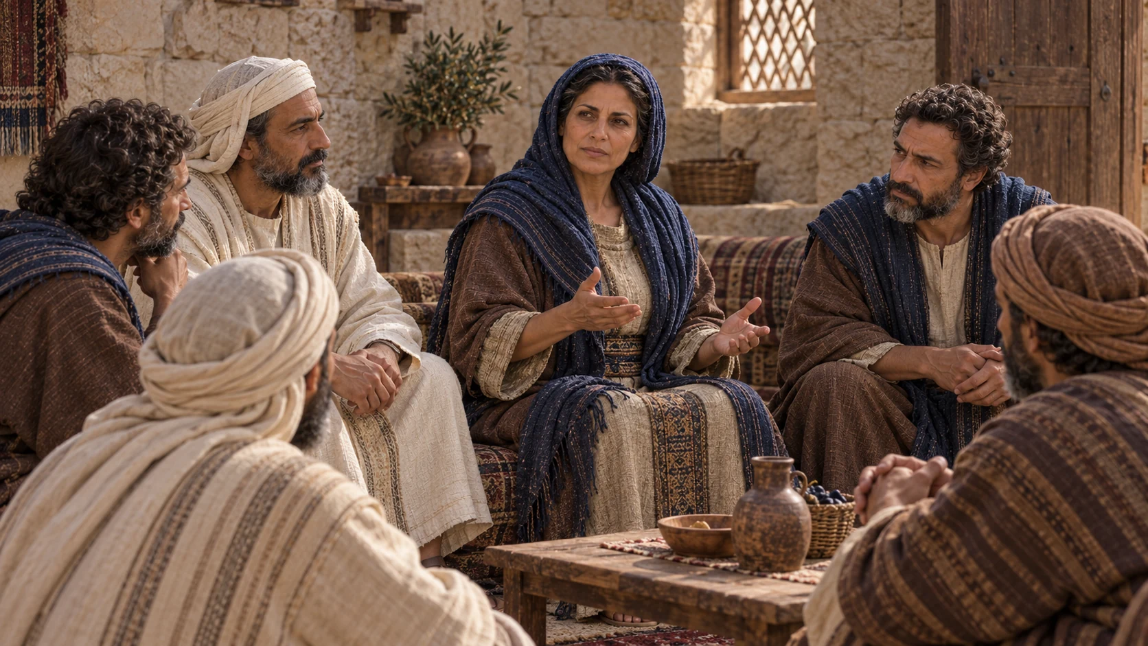 Huldah speaks steadily to the five seated men in her courtyard; no glowing vision or visible deity.