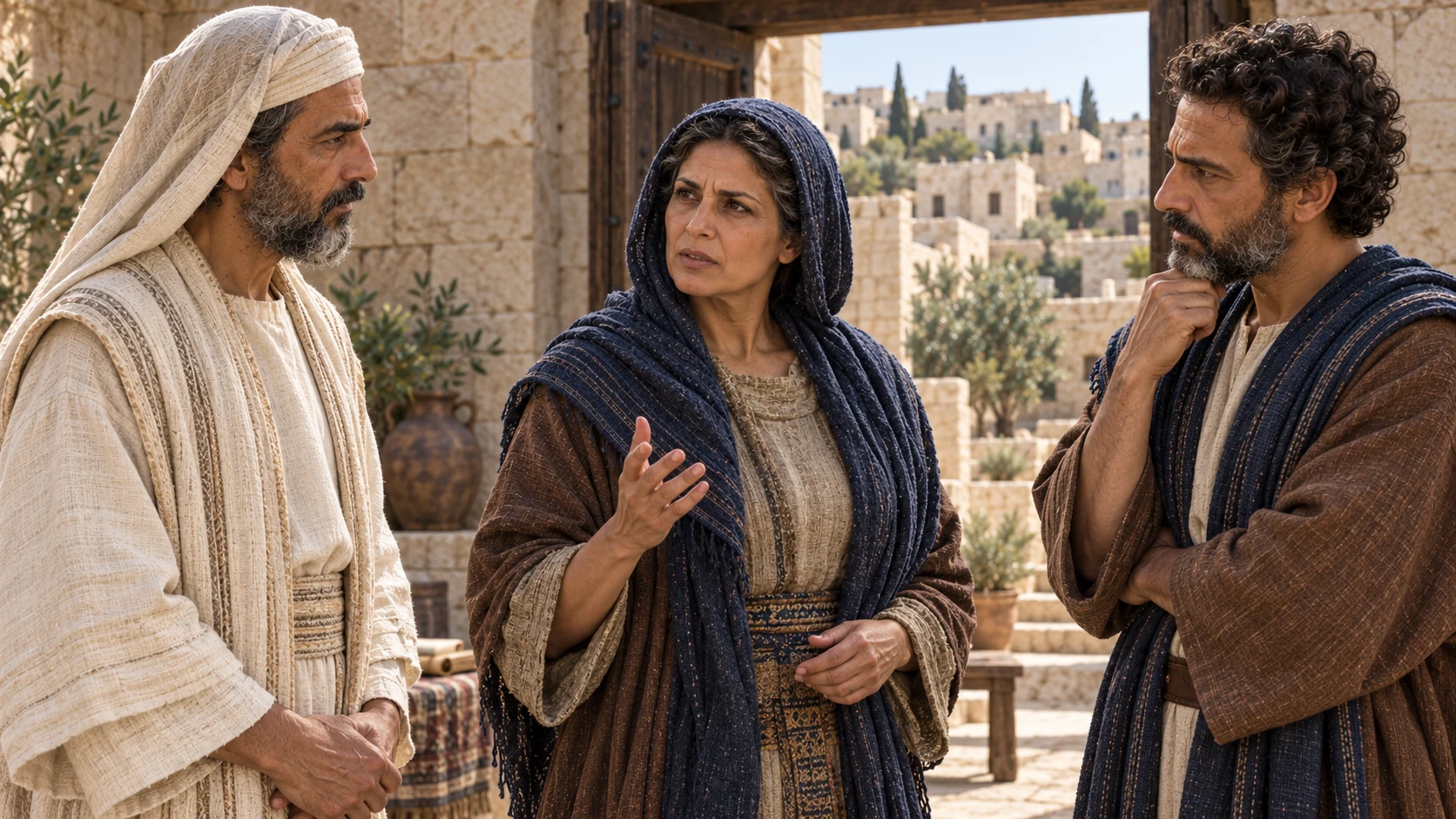 Close human reaction as Huldah addresses the delegates, with intact Jerusalem visible beyond the courtyard; no realized disaster.