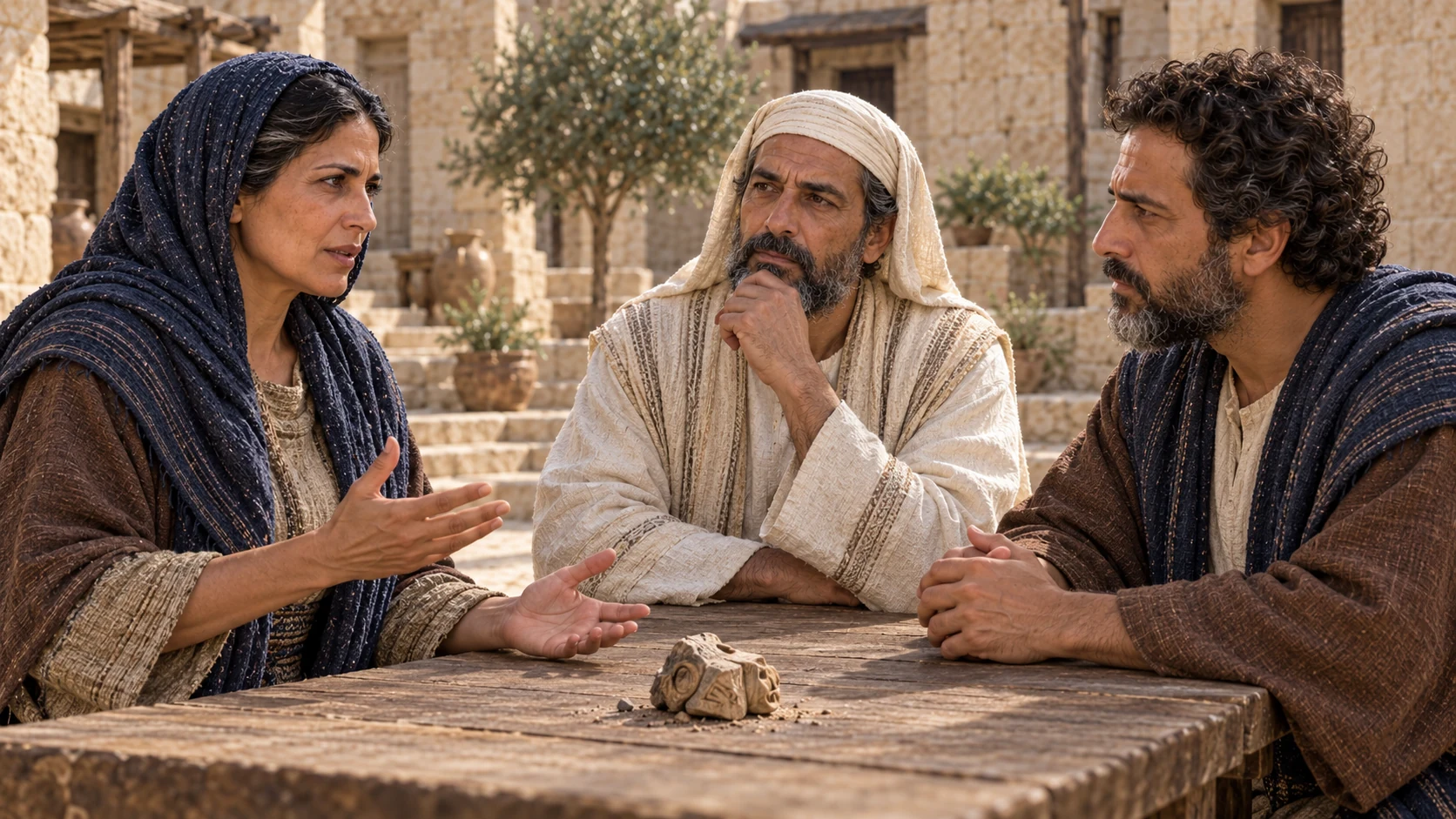 Huldah's sober face and attentive delegation, with a small discarded idol fragment on a side table as contextual evidence, no active worship.