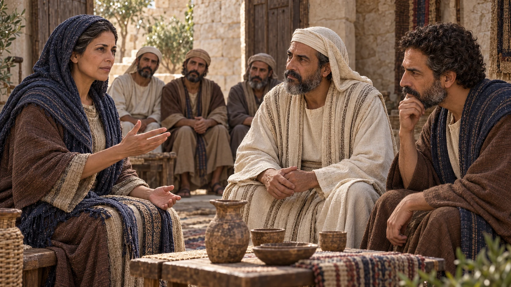 Huldah speaks directly to Hilkiah and Shaphan as they prepare to carry her message to Josiah; still at her house.