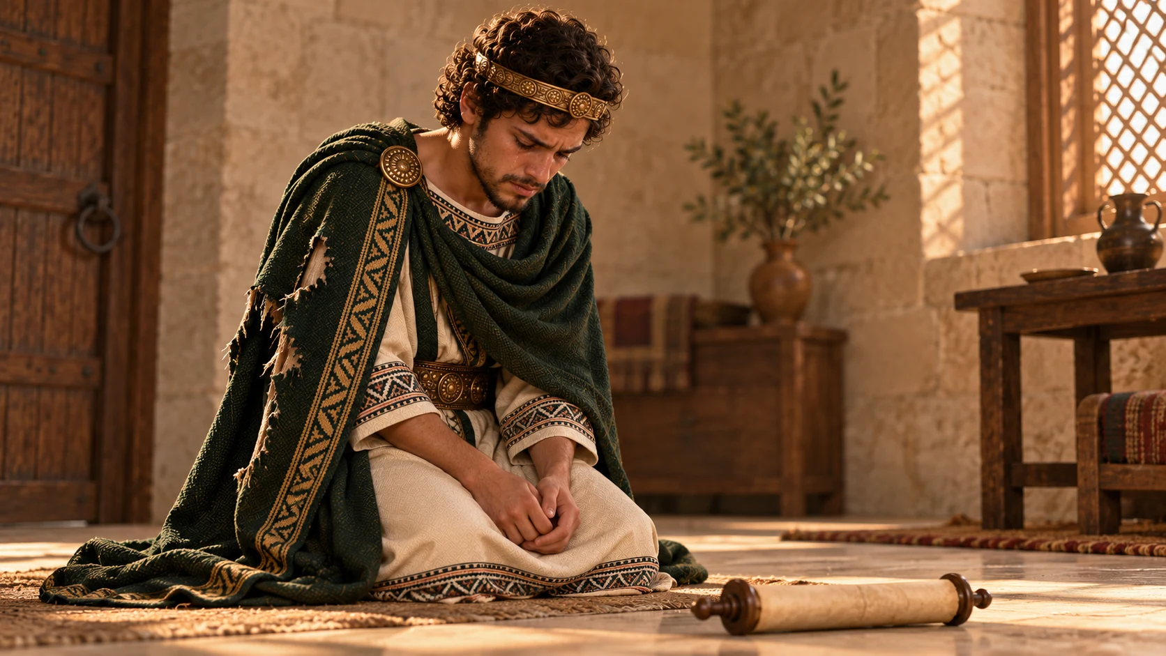 In the palace, Josiah kneels quietly beside the scroll with his visibly torn green robe; no vision of Huldah or deity.