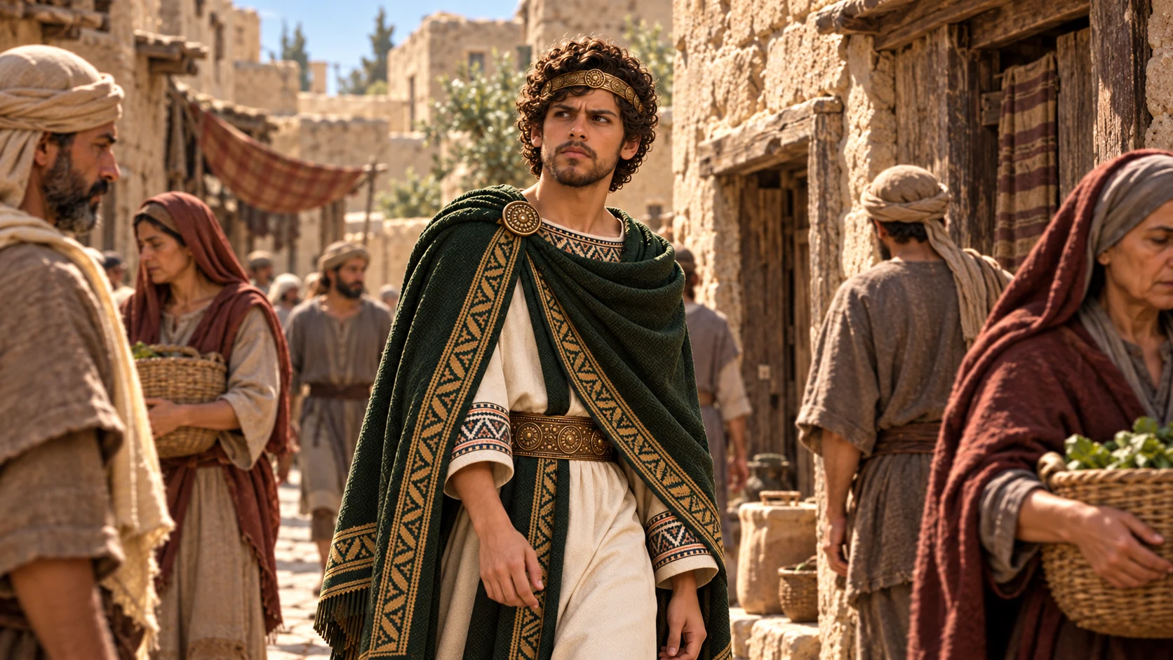 Adult Josiah, about twenty-six, walks thoughtfully through a Jerusalem court with ordinary citizens, his green mantle identifying continuity.