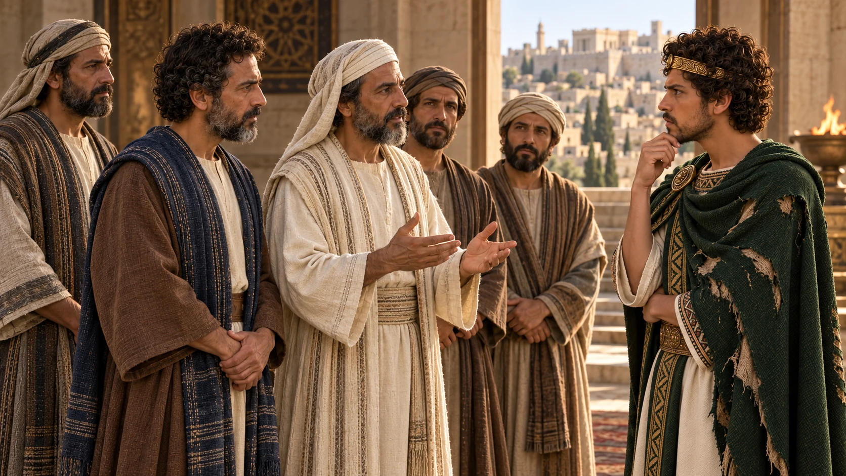 The five delegates return to adult Josiah and deliver Huldah's message in a quiet court; the city remains intact.