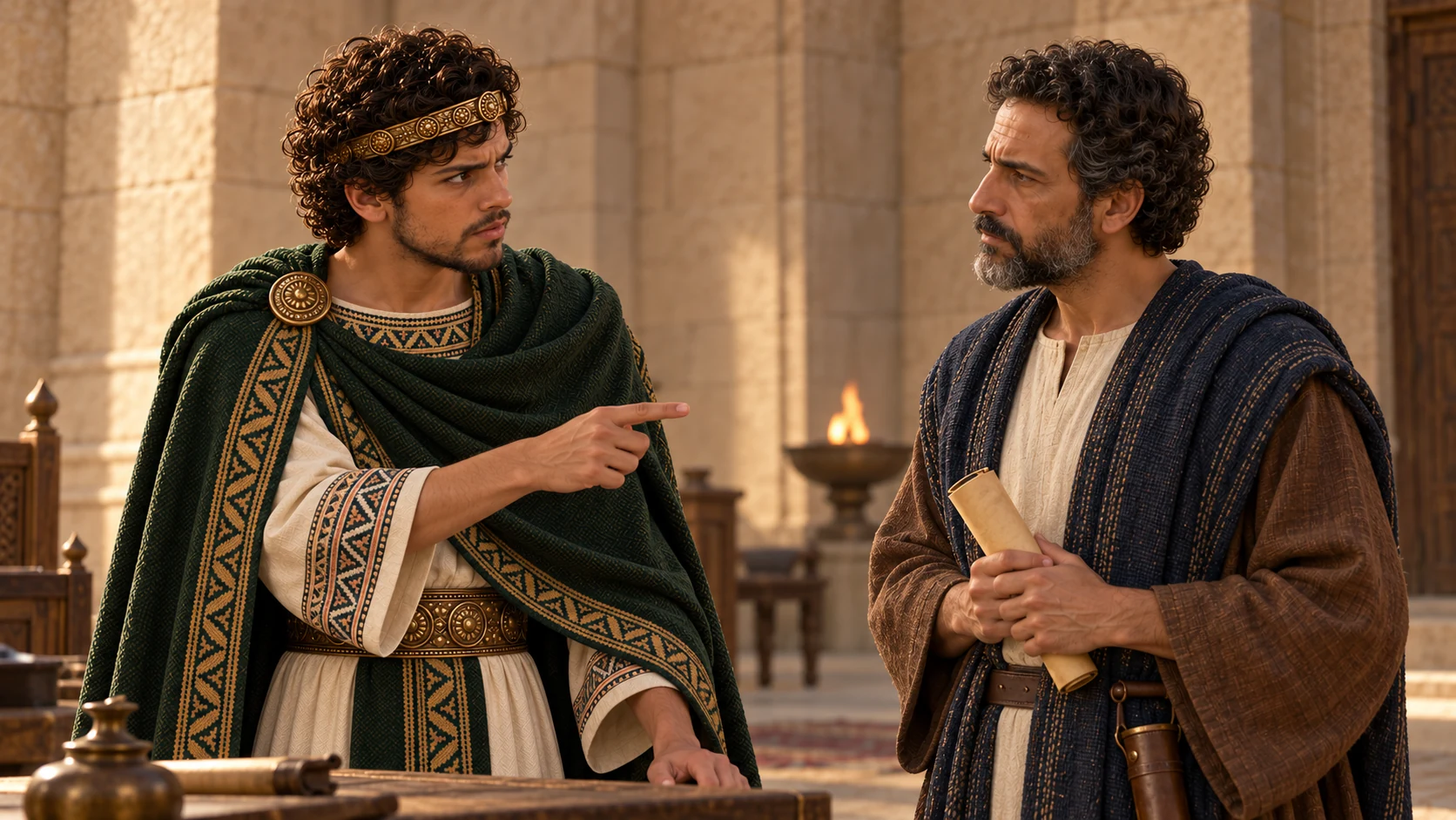 Adult Josiah gives Shaphan a sober instruction in a plain sandstone palace chamber; one of each man only.
