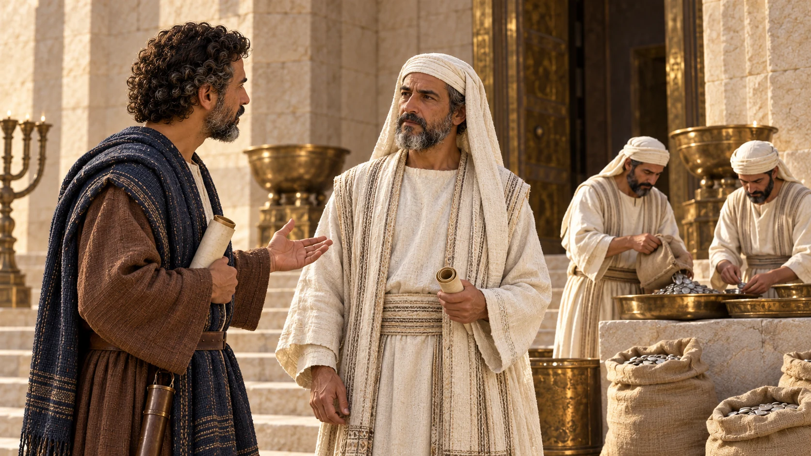 Shaphan approaches Hilkiah by the temple threshold where keepers sort small silver pieces; no readable accounting marks.