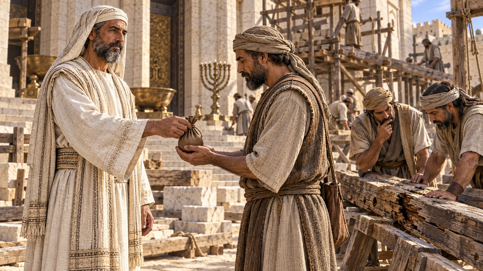 Hilkiah transfers a modest purse to appointed overseers as carpenters inspect damaged temple timbers behind them.