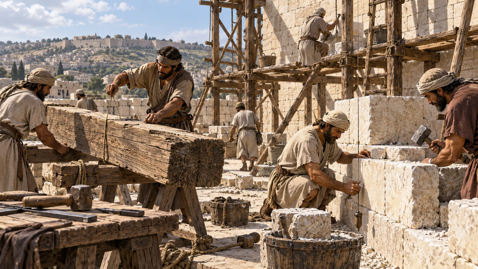 Period craftsmen measure timber beams and set quarried limestone blocks at the temple worksite; visibly ongoing repair.