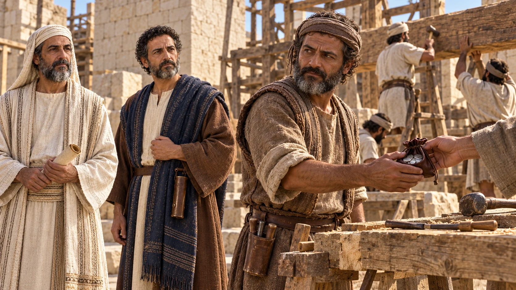 A foreman accepts the purse and turns to the crew's honest work; Shaphan and Hilkiah observe without counting tables or ledgers.