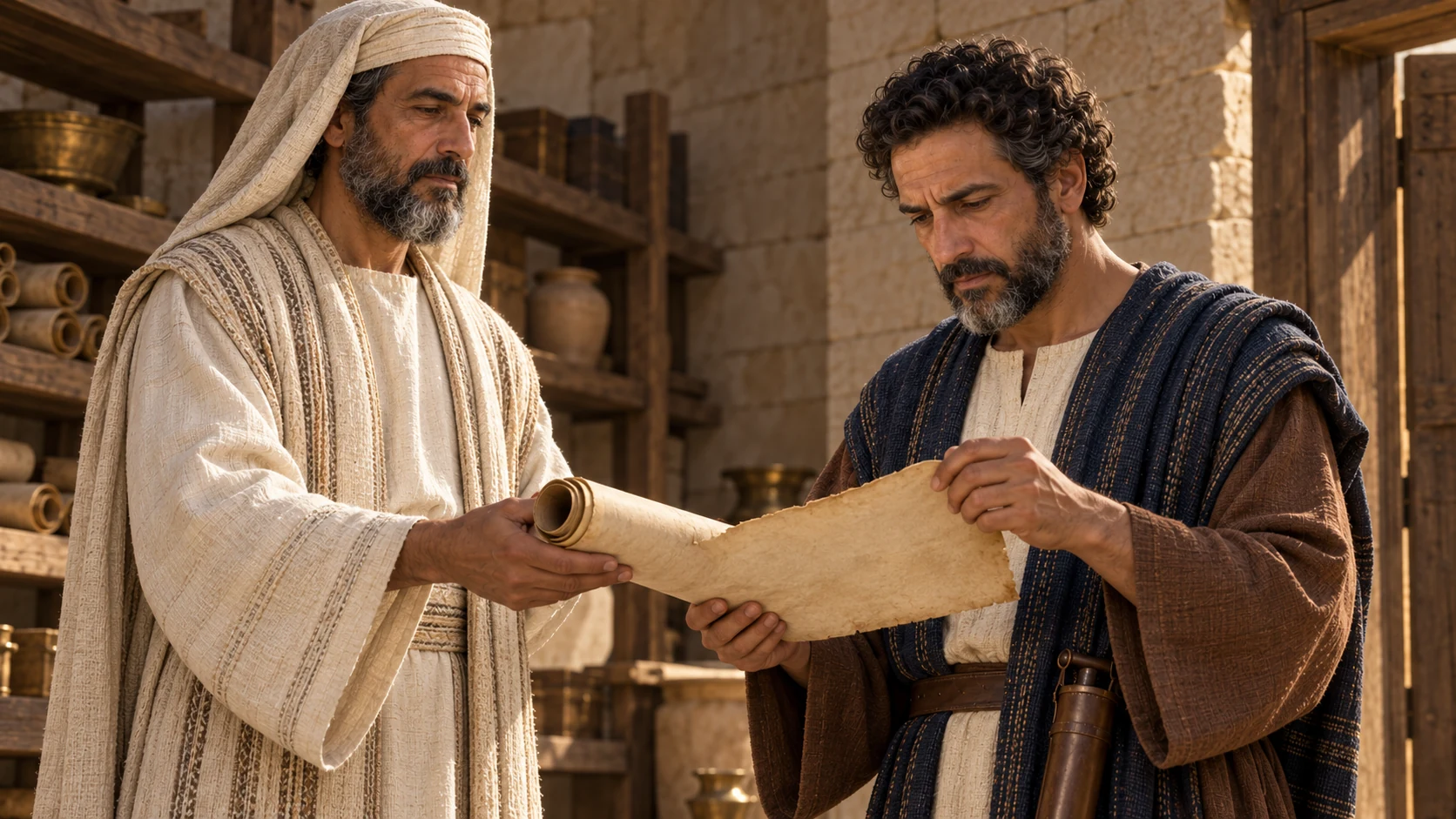 In a quiet temple storeroom Hilkiah hands a single aged unlettered scroll to Shaphan, who opens it carefully; their faces clear.