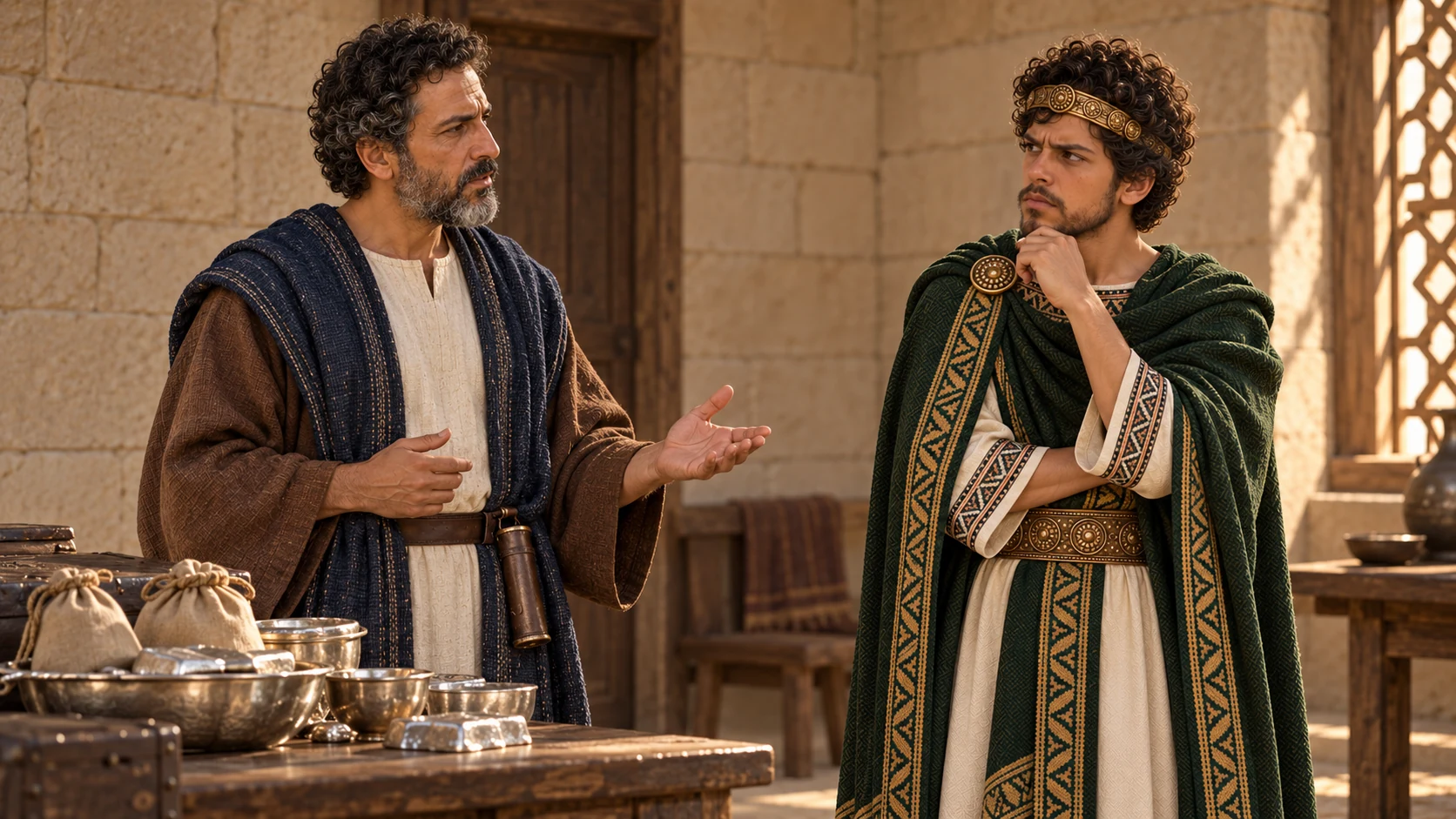 Shaphan reports to adult Josiah in the palace while temple repairs can be glimpsed through a distant opening.