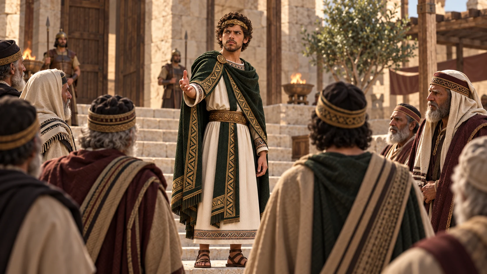 Adult Josiah in green summons senior Judahite leaders in an austere palace courtyard; one king, no duplication.