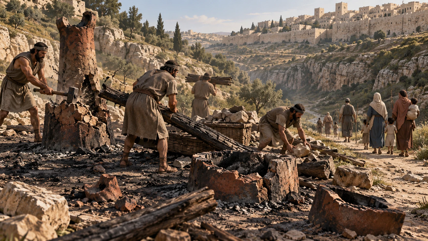At deserted Topheth in the Ben-hinnom Valley, workers dismantle the fire installation while families withdraw safely; no child in flames.