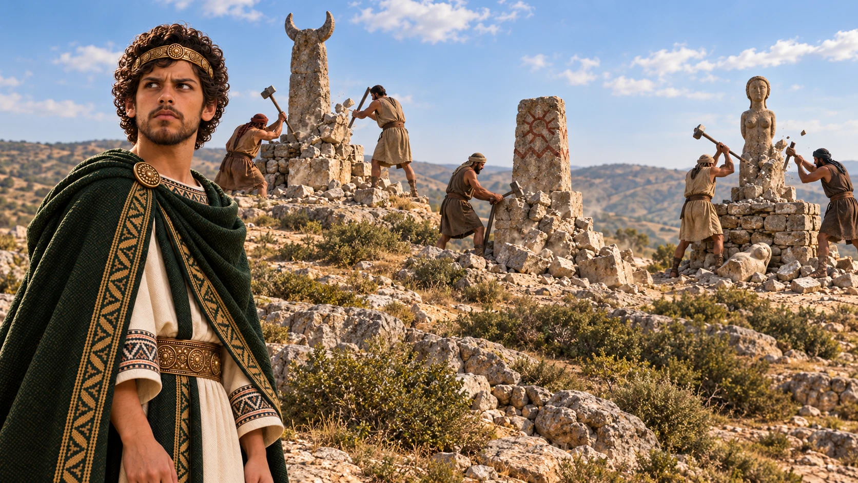 Wide view of workers dismantling three distinct hilltop shrines beyond Jerusalem; Josiah observes, no ancient Solomon flashback.