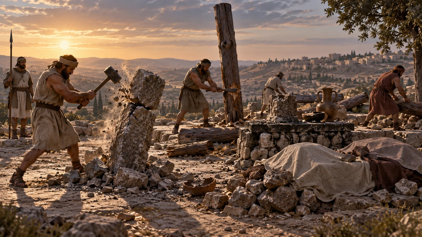At a deserted hilltop shrine, workers topple cult stones and cut wooden posts; human bones are implied by covered remains, not shown graphically.