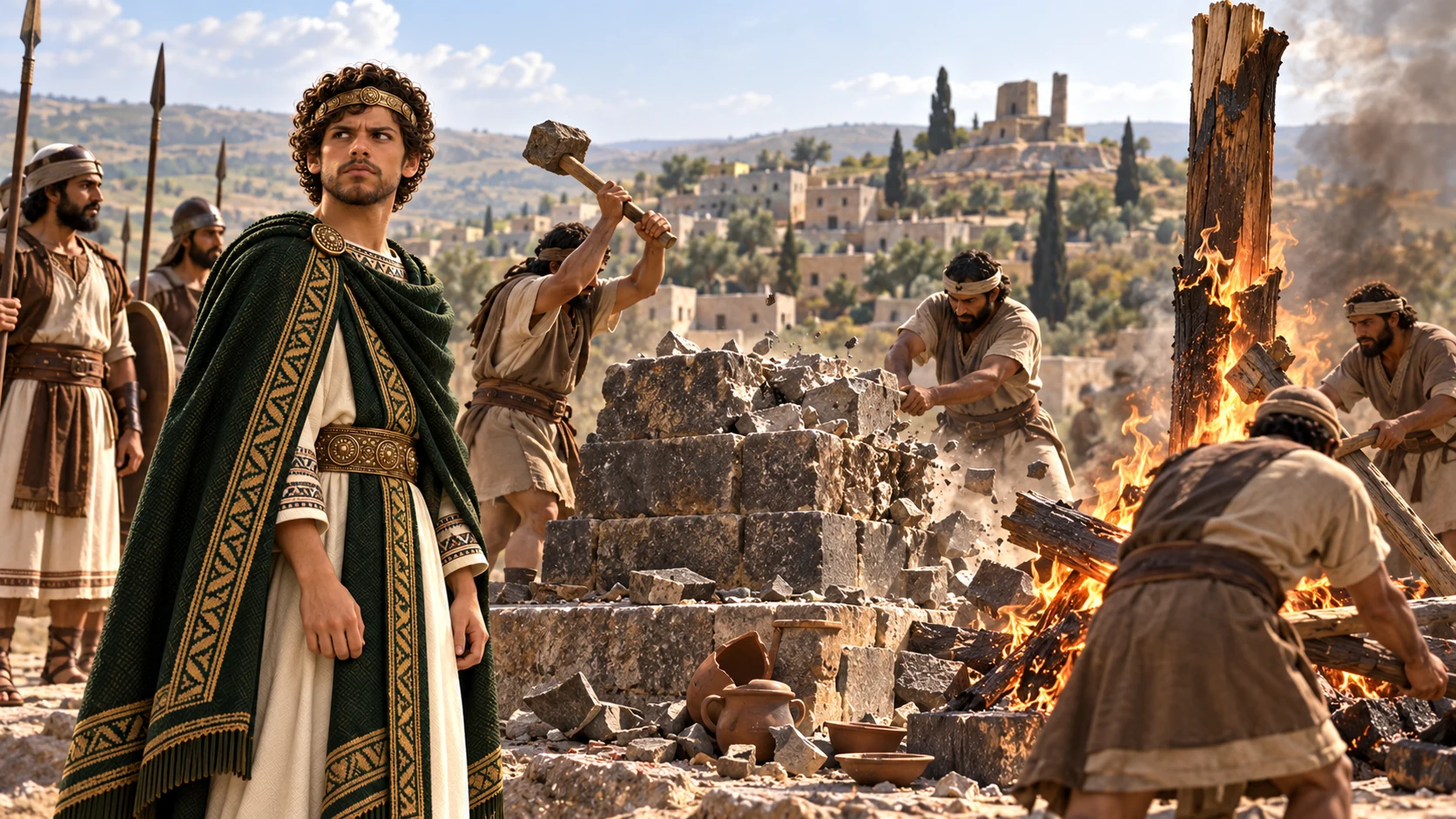 At Bethel, Josiah's workers break and burn a hilltop altar and wooden cult post; distinguish Bethel from Jerusalem.