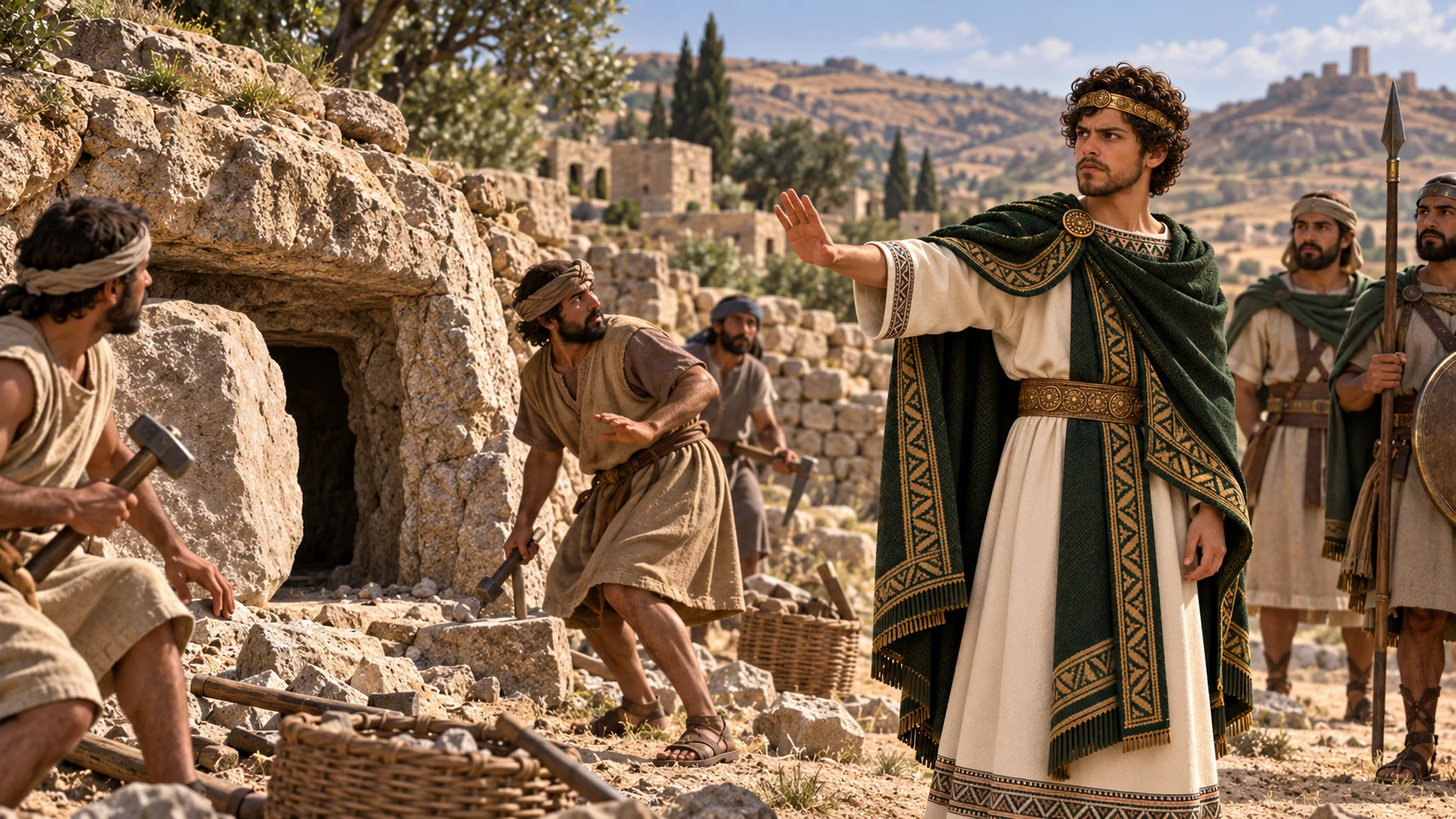 Josiah sees tomb openings on the Bethel hillside while workers carry covered bundles toward the ruined altar; no exposed bones or gore.