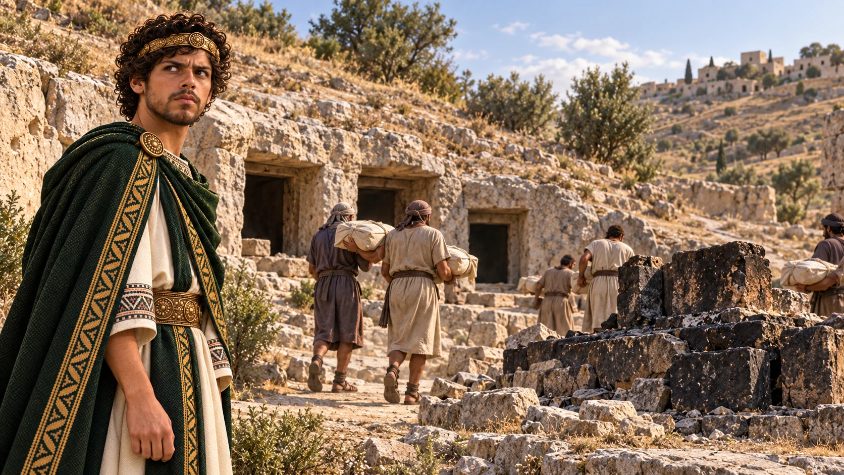 Josiah asks a Bethel elder about a simple stone tomb marker; the elder points it out, no readable inscription.
