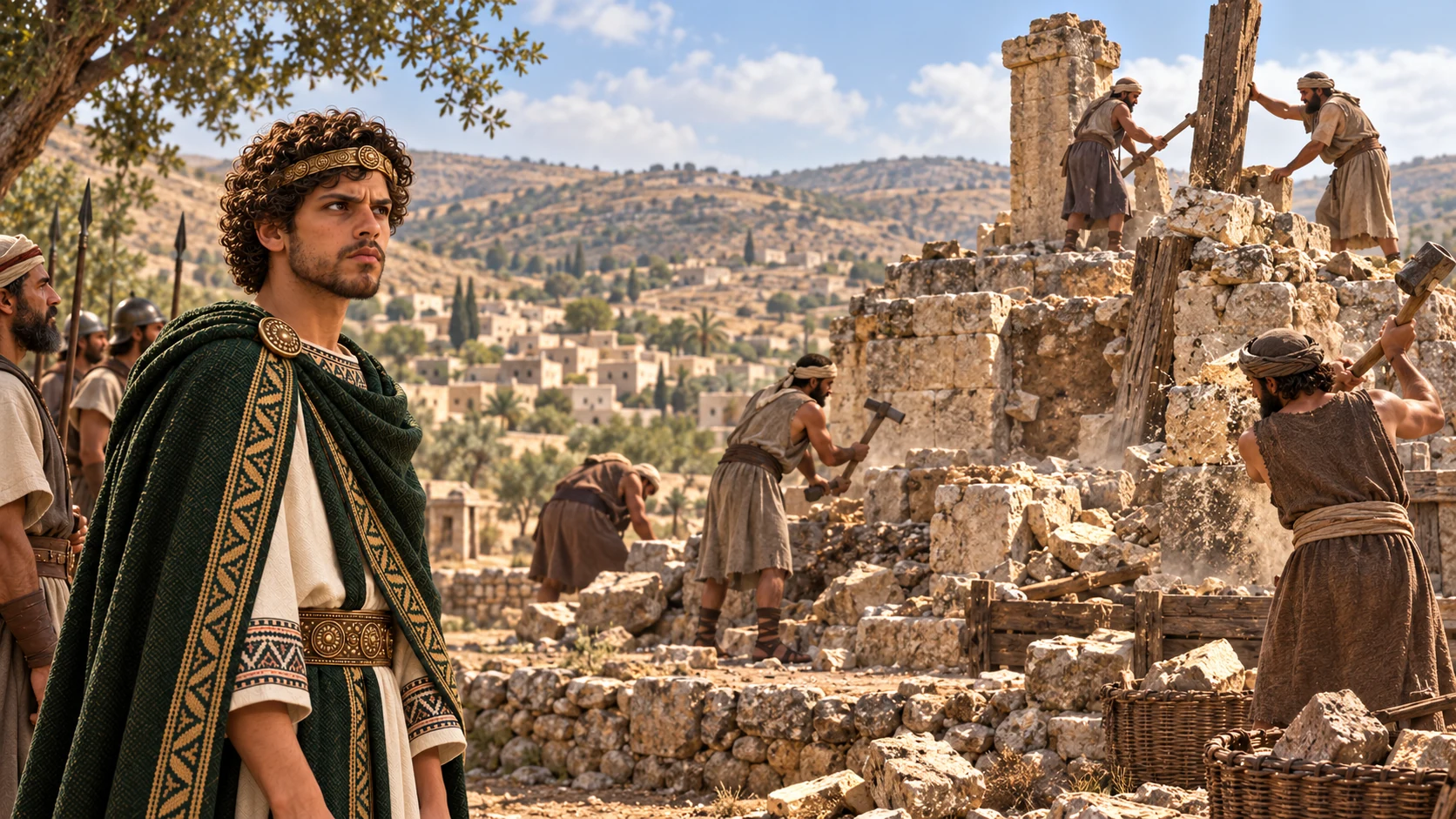 Workers step back from the marked tomb as Josiah gestures to leave it untouched; no bones displayed.