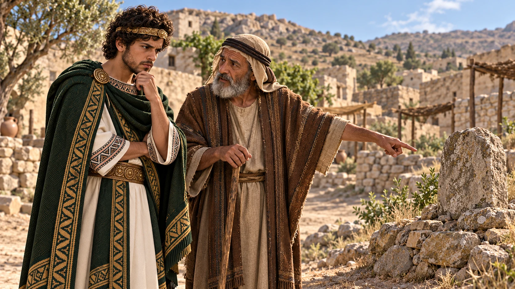 At a Samarian town, workers dismantle an abandoned high-place building while Josiah observes; distinct landscape from Bethel.