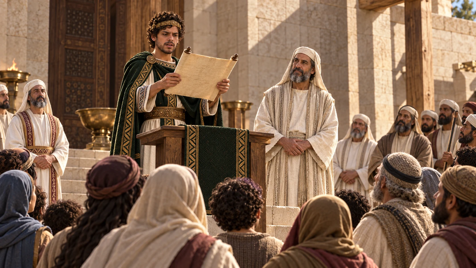 Josiah reads an unlettered scroll to priests, prophets, elders, and families of varied ages at the temple; Hilkiah near him.