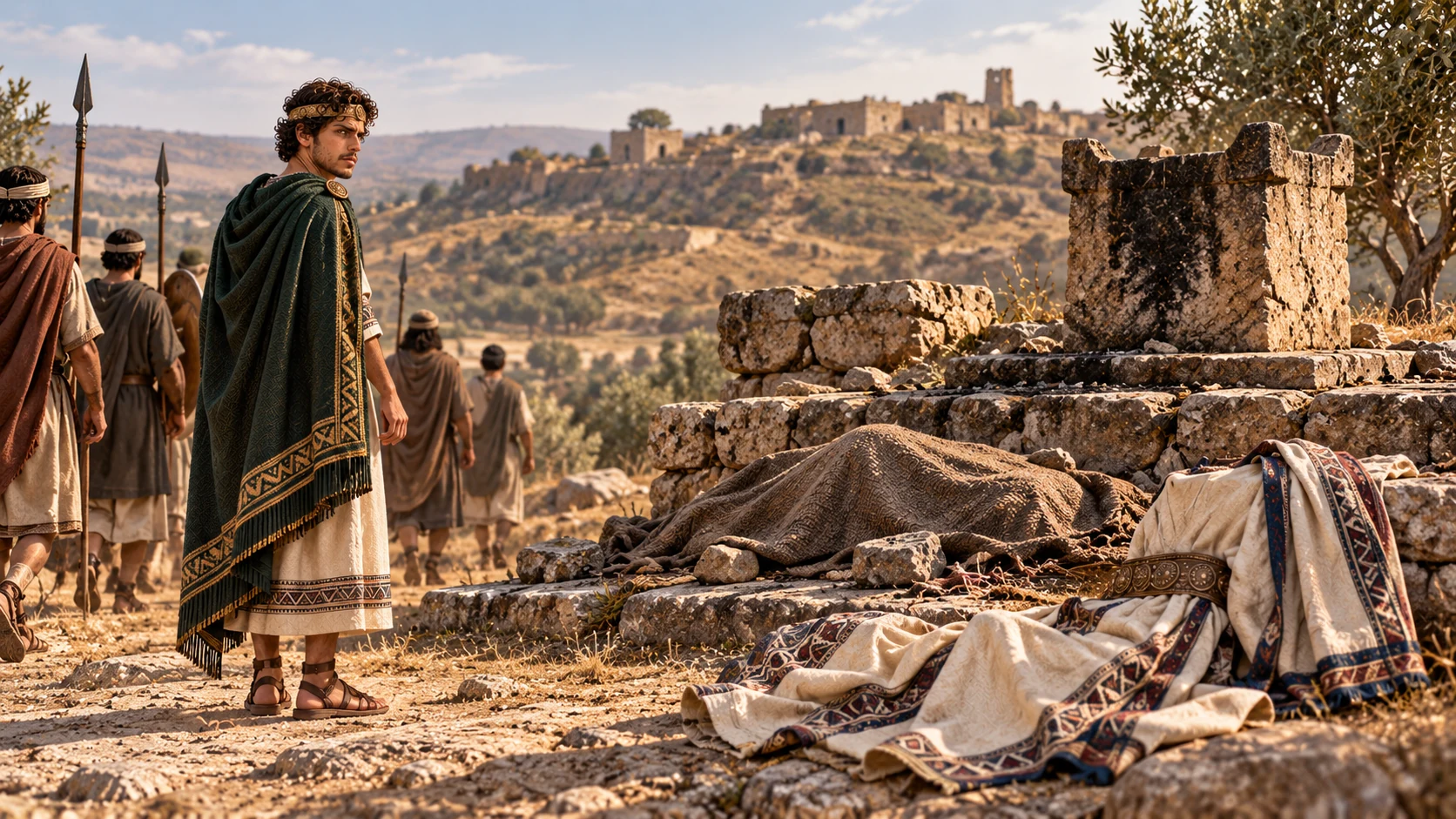 Non-graphic aftermath at a distant Samarian hilltop altar: Josiah's departing party, empty abandoned priestly garments, covered remains; no attack or gore.