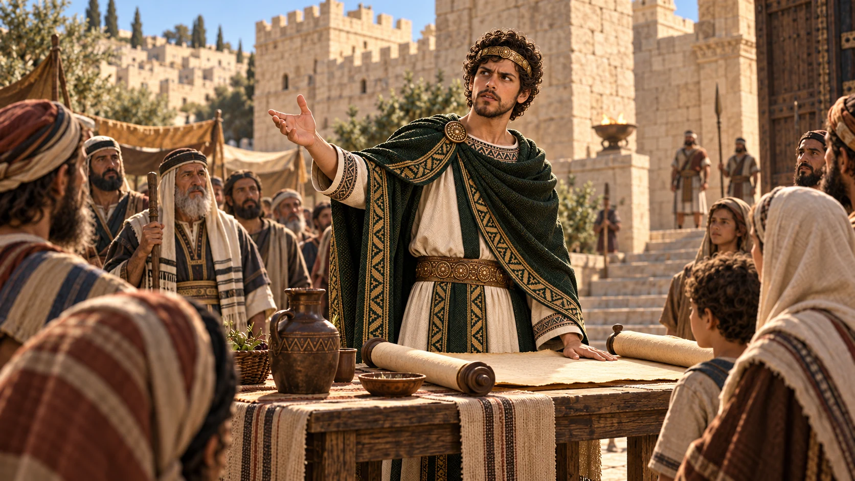 Josiah addresses gathered families beside the unlettered covenant scroll, inviting preparations for Passover in Jerusalem.