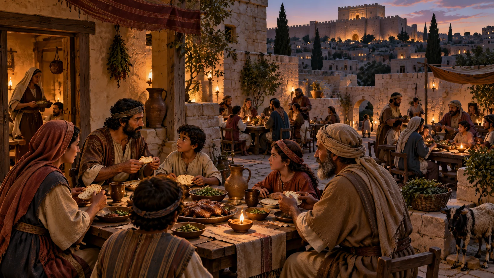 Many Judahite households prepare a period Passover meal in Jerusalem courtyards, no Last Supper staging or invented flashback.