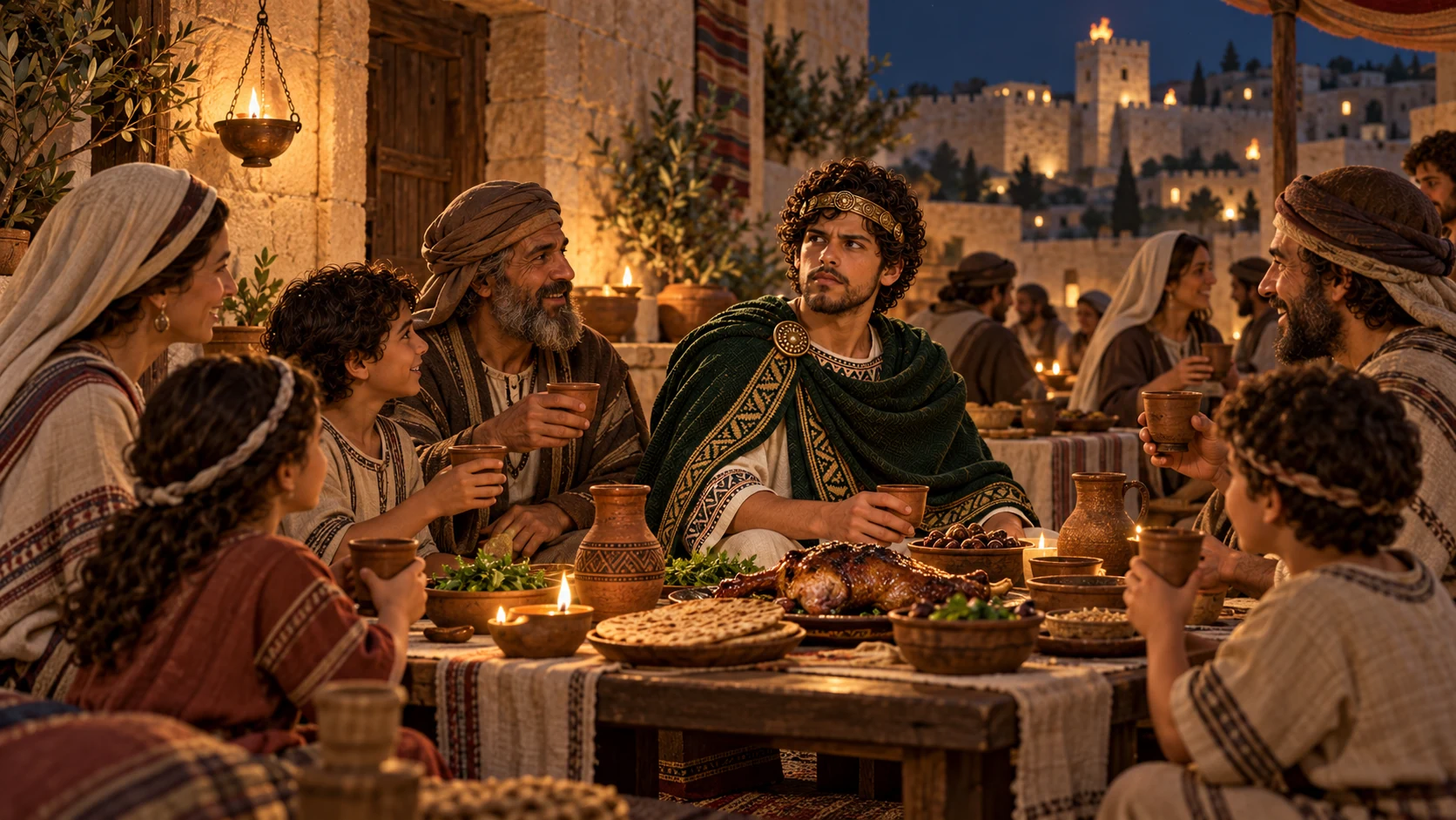 Jerusalem families share a reverent evening Passover meal by lamplight, with Josiah's green mantle visible among worshippers.