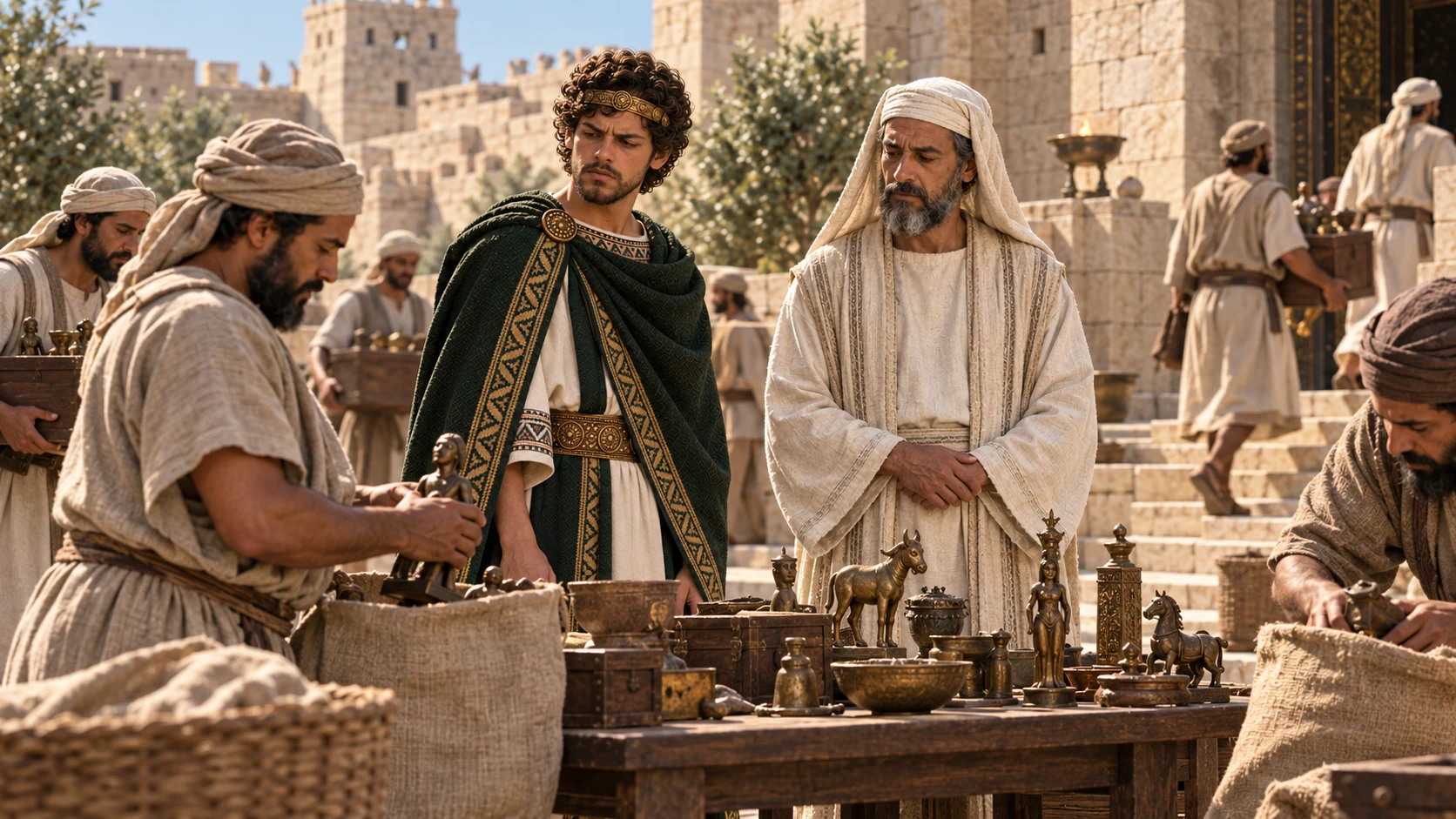 Officers collect small household cult objects for removal while Josiah and Hilkiah oversee; no spiritist performance or supernatural effects.