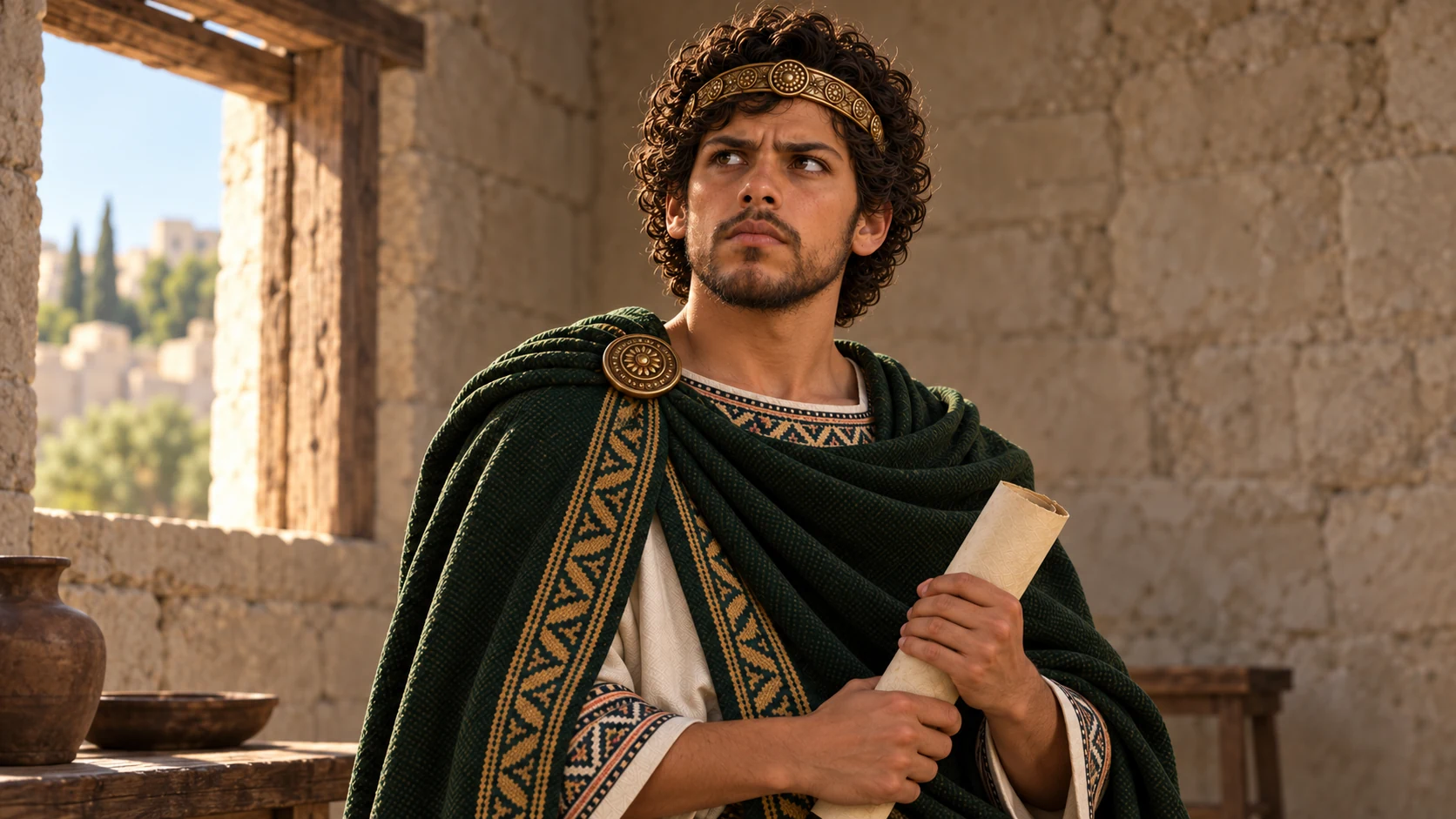Josiah stands alone in a quiet temple court with the closed unlettered scroll, a grounded portrait of resolve, not a divine apparition.