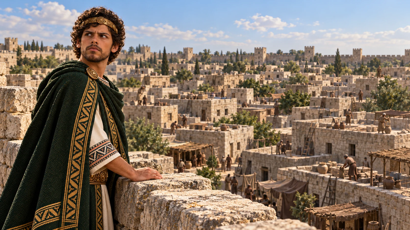 Josiah looks over intact Jerusalem from a wall as citizens work below; solemn mood, no exile or destruction occurring.