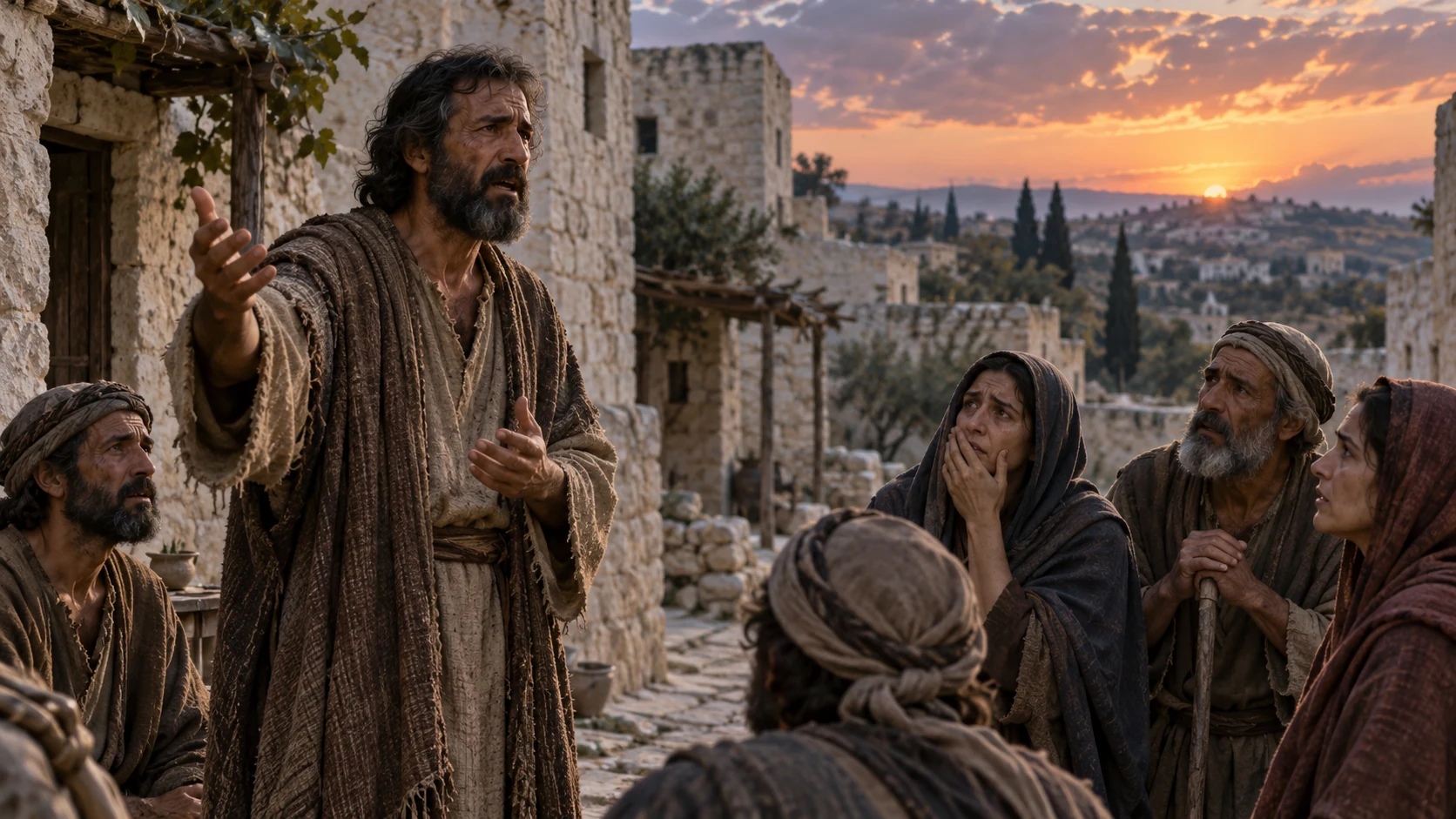 An unnamed ordinary-clothed prophet speaks a sober warning before the still-standing temple; no visible Yahweh or realized destruction.