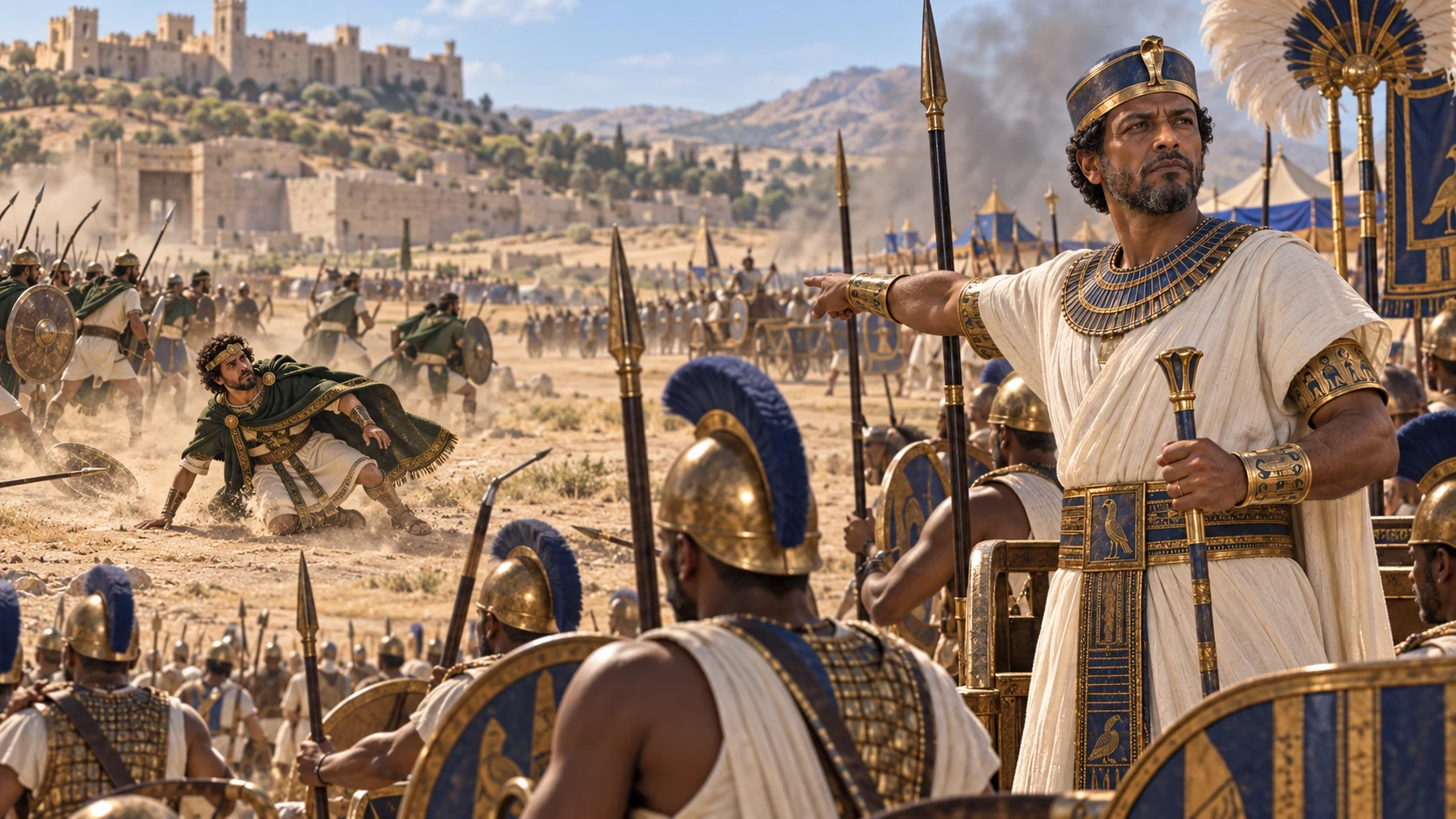 At Megiddo, mature Josiah in green falls far in the distance amid a restrained battle as Egyptian Pharaoh Neco commands his line; no gore.