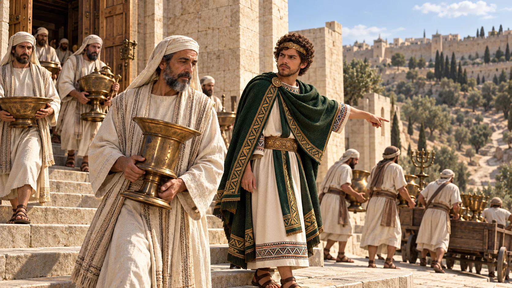 Josiah stands beside one plain local temple pillar and addresses the people, who respond; no Roman colonnade.