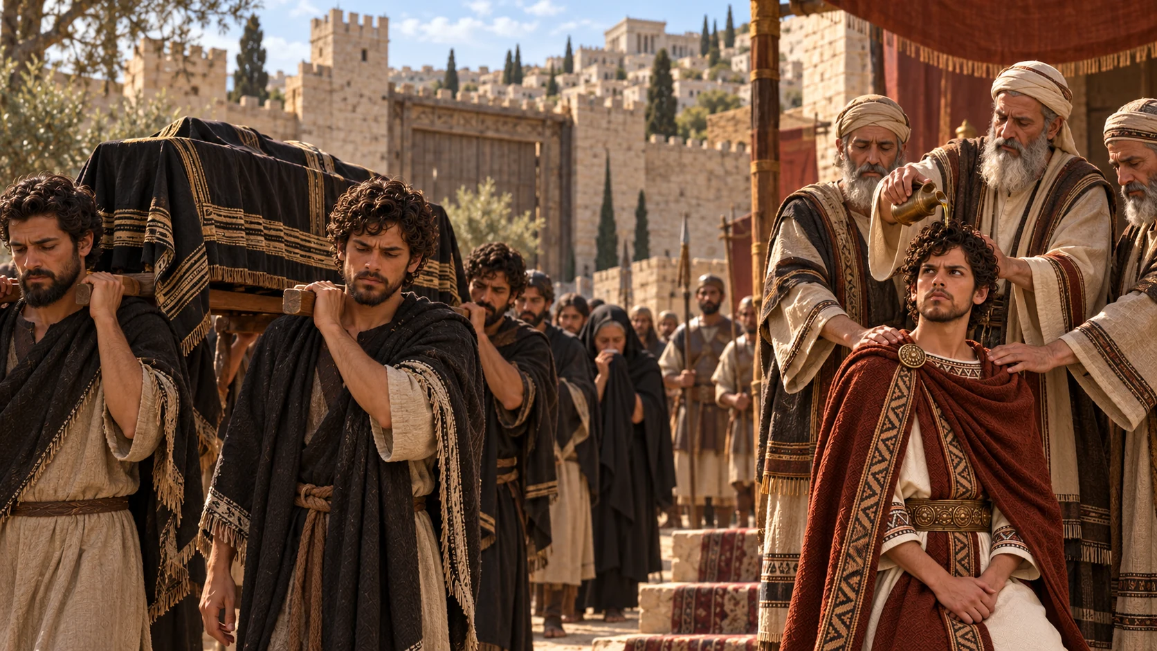 A respectful Jerusalem funeral procession carries a draped bier; in a nearby separate focus elders anoint russet-clad Jehoahaz, no living Josiah.