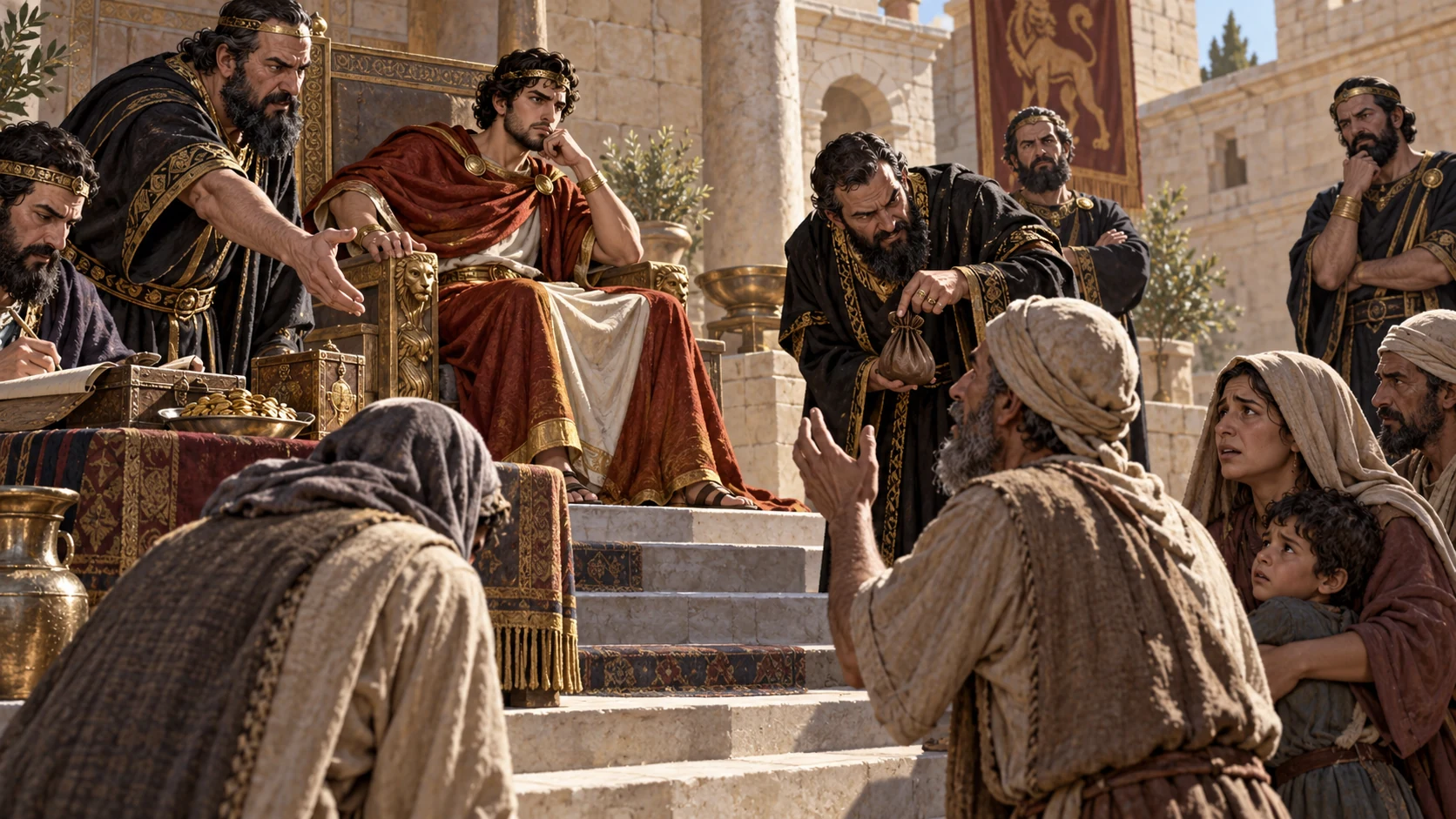 Jehoahaz in russet chooses corrupt courtiers over a worried elder in a plain palace chamber; no invented specific crime.