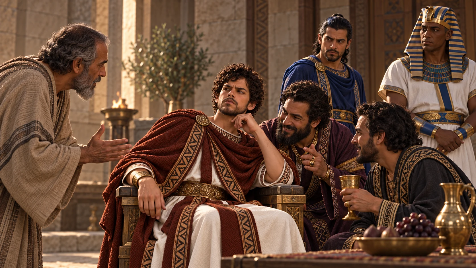 Pharaoh Neco installs blue-clad Eliakim, now Jehoiakim, in Jerusalem while russet-clad Jehoahaz departs under guard; two brothers distinct.
