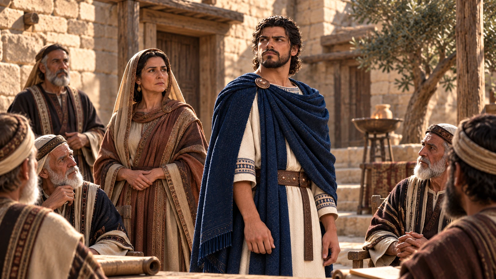 Jehoiakim in blue stands before elders in Jerusalem, with his mother Zebidah as a secondary figure nearby; distinct from Jehoahaz.