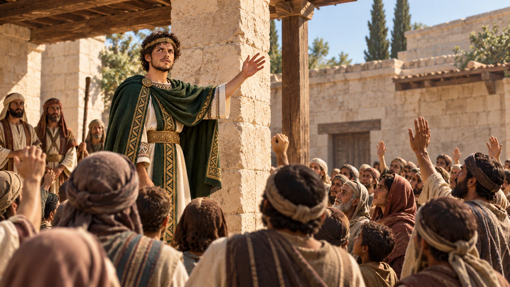 Hilkiah and temple keepers carry condemned vessels out toward the Kidron, with Josiah directing; no foreign heraldry on temple walls.