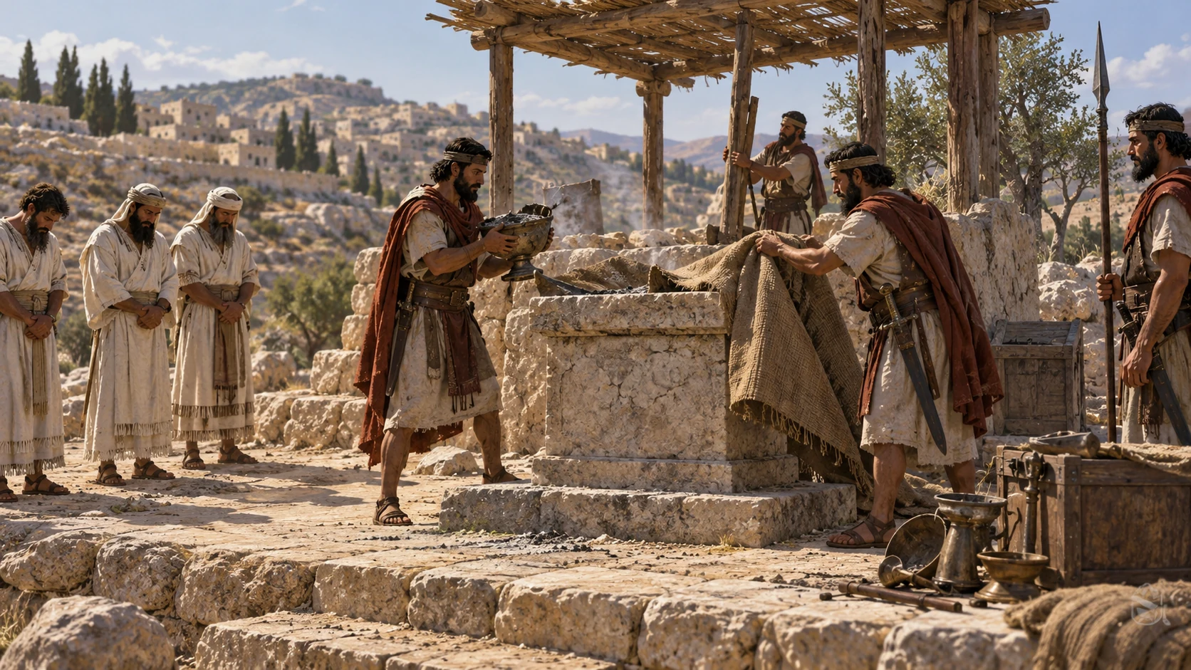 At a Judahite town high place, officers close an incense station while its former priests stand aside, no violence.