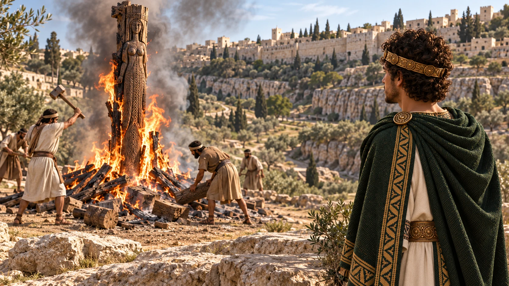 A carved wooden Asherah post burns in the Kidron Valley as workers break remaining pieces; Josiah observes at a distance, no bodies.