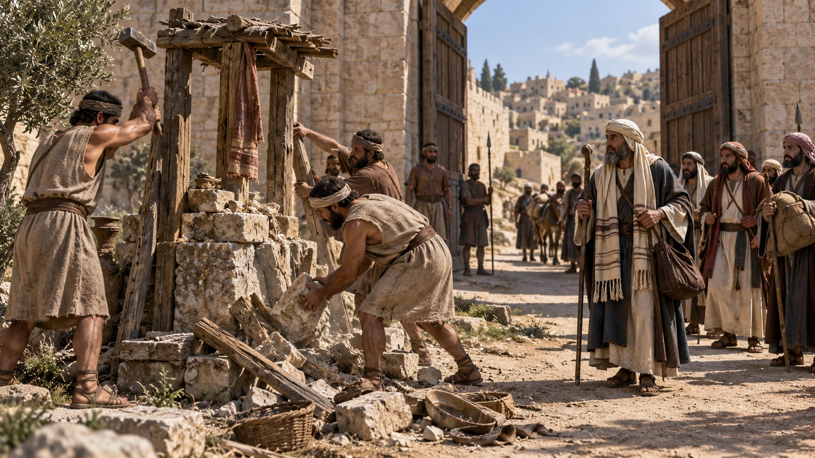 At a Judahite gate, workers dismantle a small illicit shrine; travelling priests from nearby towns arrive, distinct from the temple.