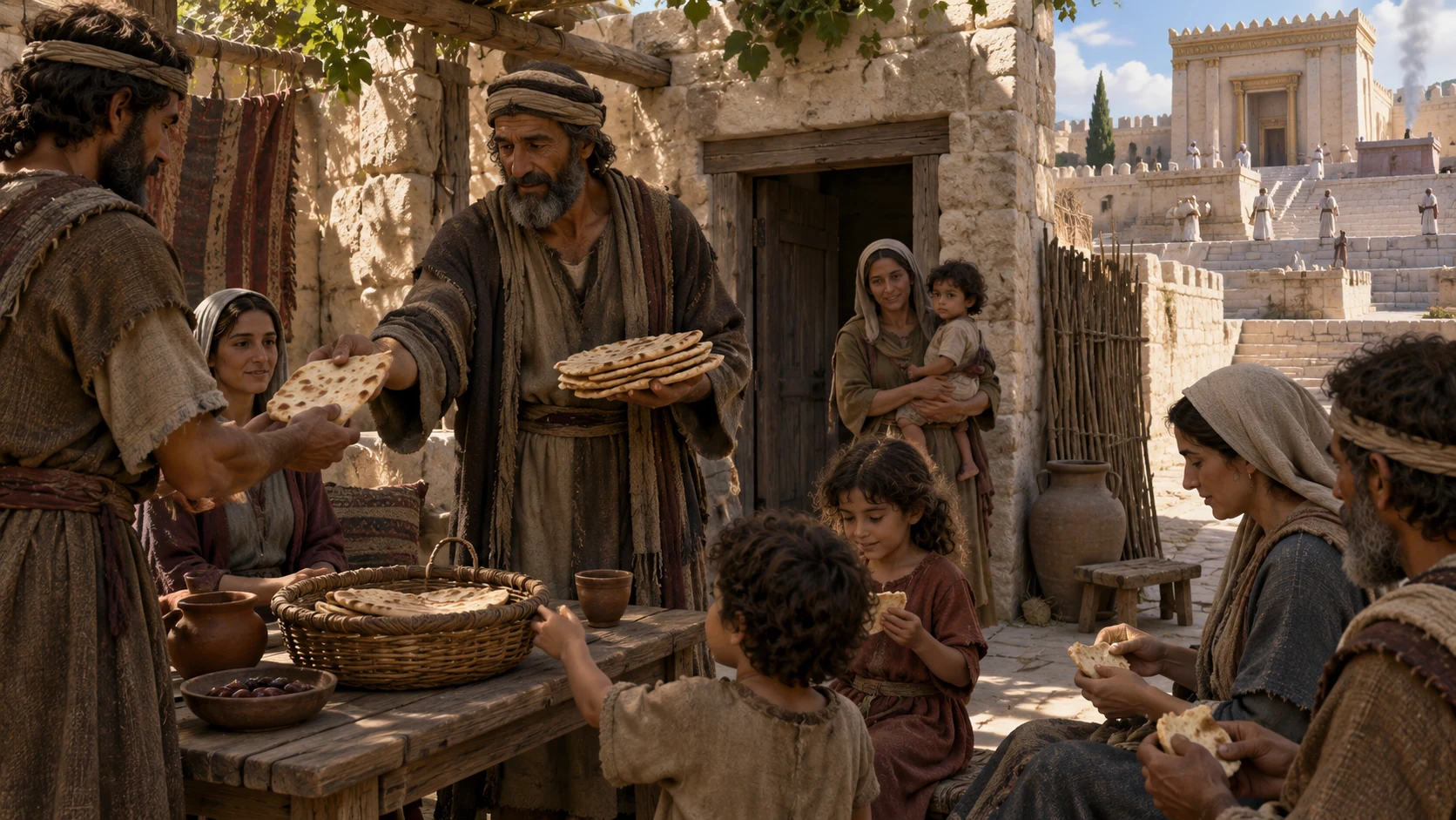 Former high-place priests share unleavened bread among their families in a modest Jerusalem courtyard, separate from temple altar service.