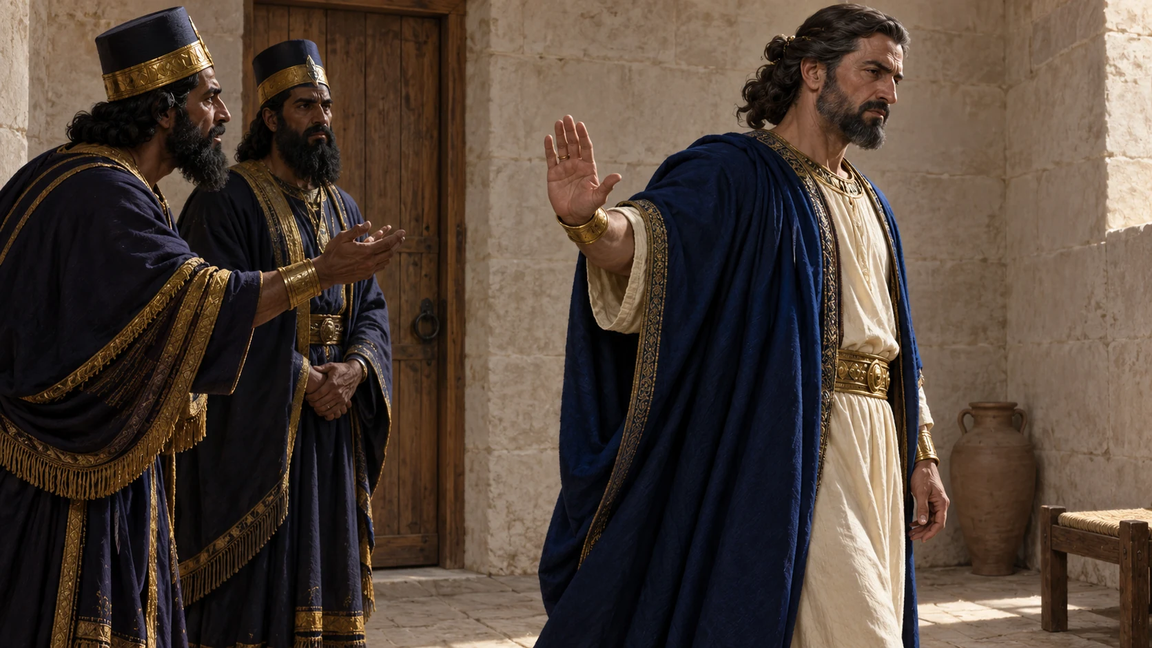 Blue-clad Jehoiakim turns away from Babylonian envoys in a plain Jerusalem palace court; distant Babylonian banners remain outside, with no siege yet.