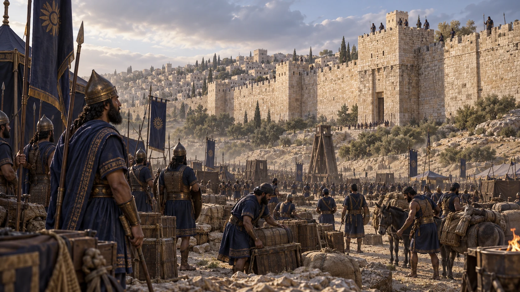 Babylonian servants with indigo and bronze equipment encamp around Jerusalem's intact walls, while watchmen stand above; Nebuchadnezzar himself is absent.