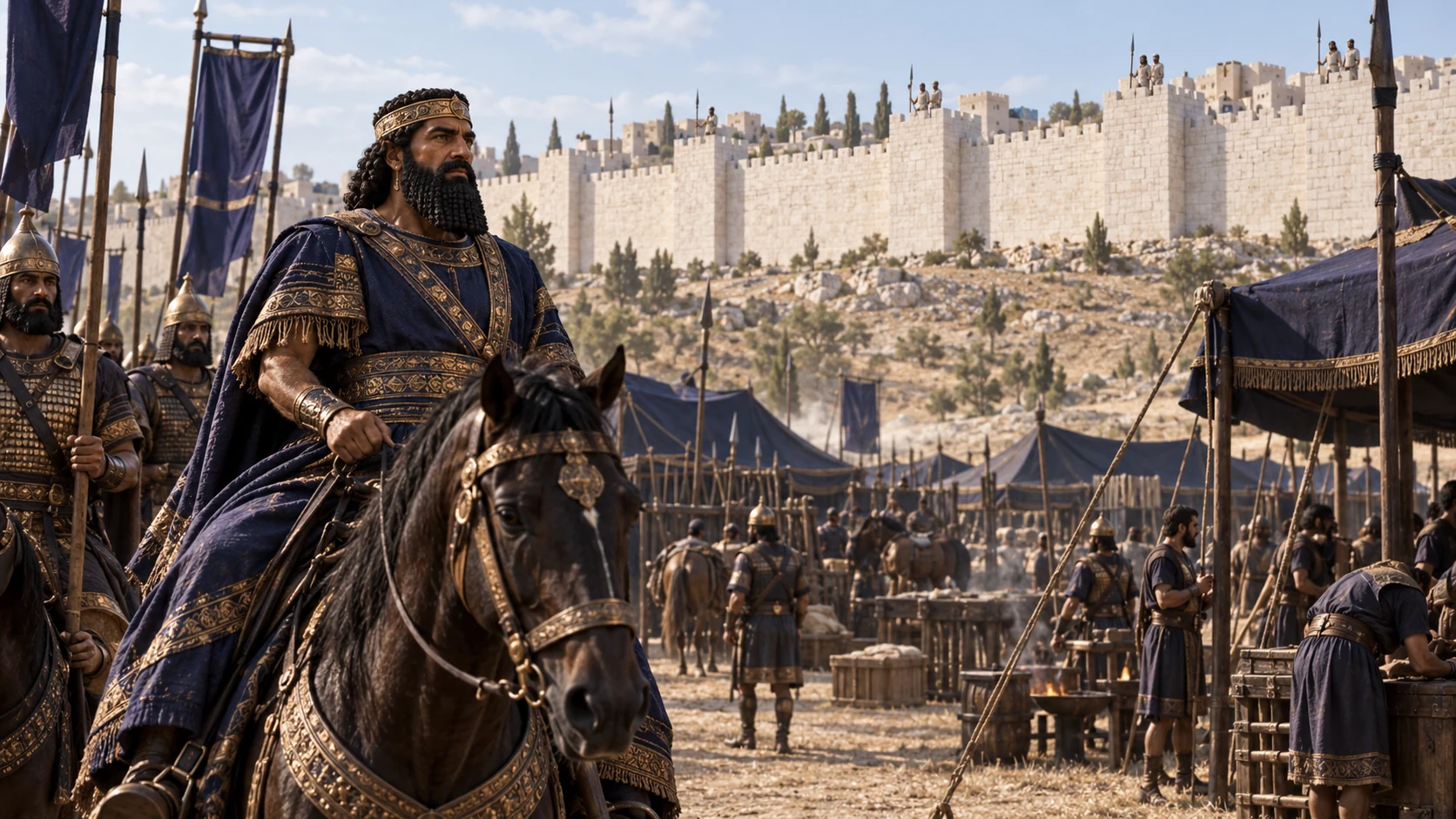 Mature Nebuchadnezzar in indigo and gold arrives at the Babylonian siege camp outside Jerusalem's intact wall, his troops receiving him; he is not inside the city.
