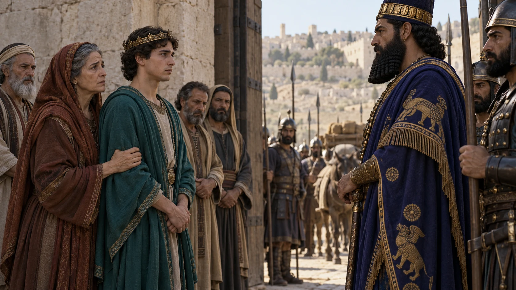 At Jerusalem's gate, young teal-clad Jehoiachin and Nehushta step out with officials to surrender before mature indigo-clad Nebuchadnezzar and Babylonian guards; no violence.