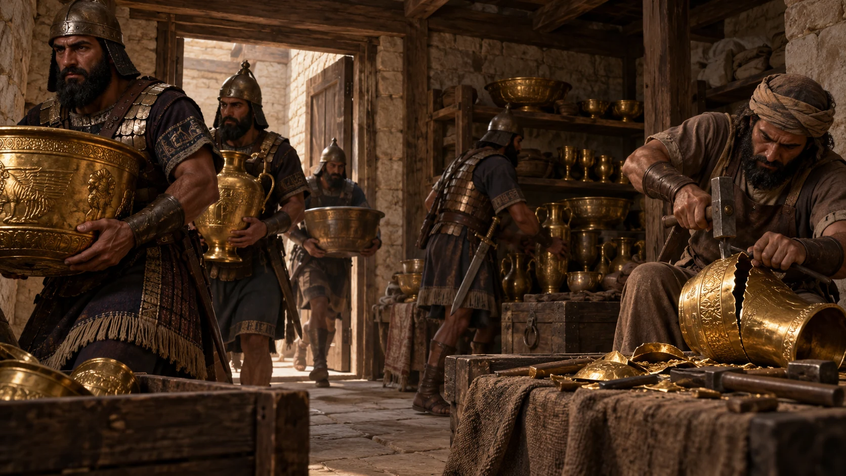 Babylonian workers carry gold and bronze vessels from an intact plain Judahite temple court and palace storeroom, with a few gold objects cut into pieces; no temple fire or destruction.